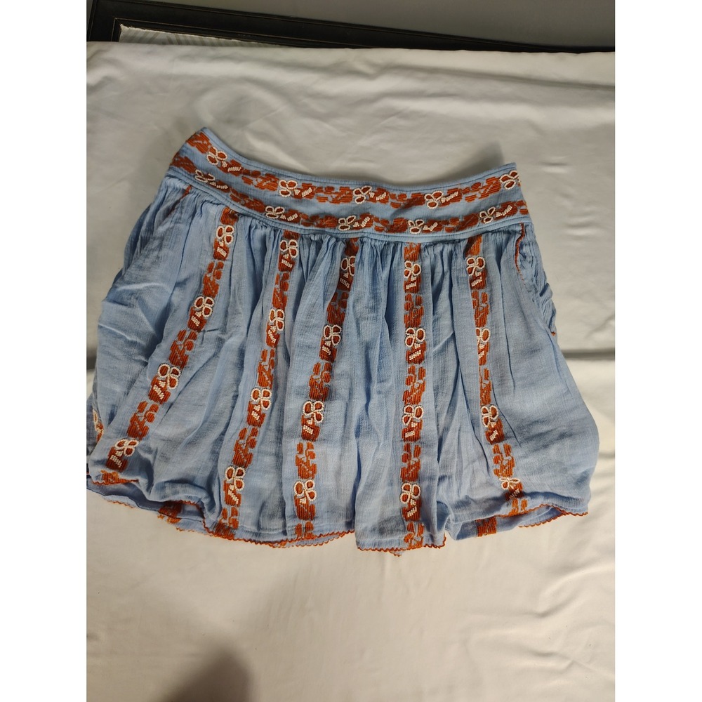 Tory Burch Light Blue Embroidered Beaded Mini Skirt Boho Cotton Blend Size 6